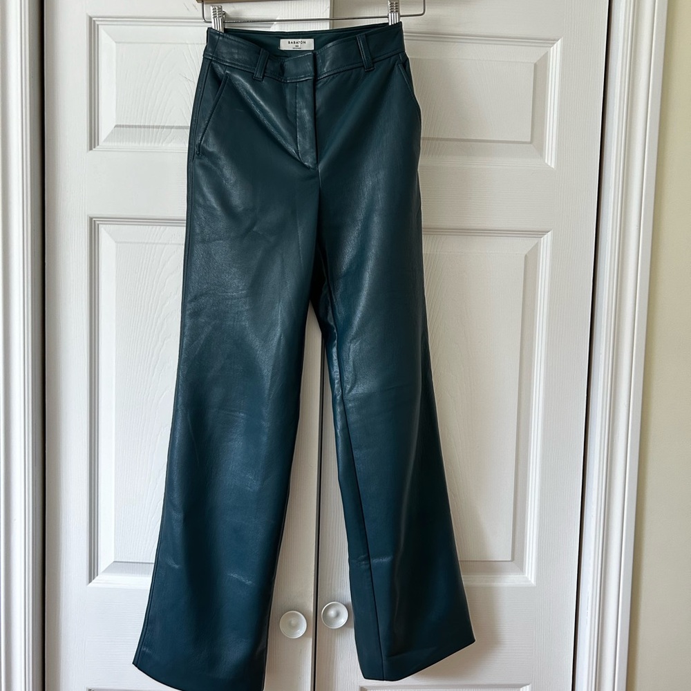 Aritzia Babaton faux leather turquoise flare leg pants